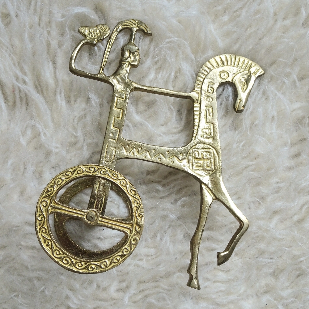 Vintage MCM Weinberg Style Brass Greek Goddess Horse & Chariot